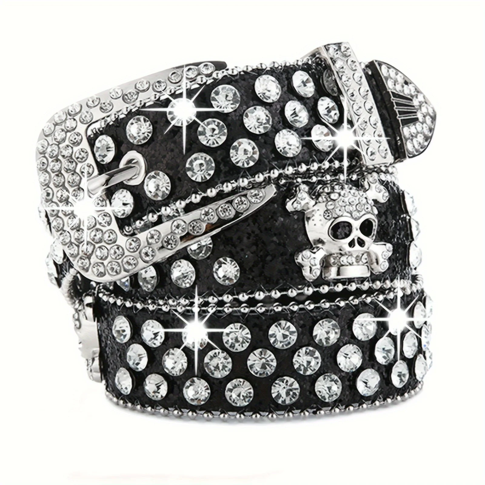 Skull Rivet Rhinestone Bb Belts Trendy Solid Color Sparkling PU Leather Belt Cowboy Cowgirl Jeans Pants Belt For Women Girls