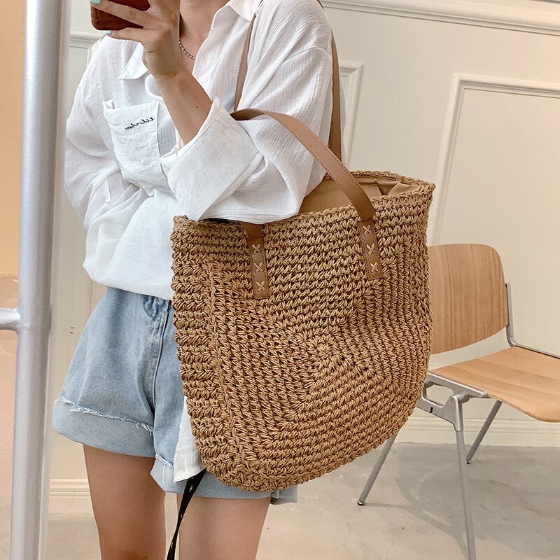 Vierkante Stro Strandtas Handgemaakte Geweven Schoudertas Vrouwen Raffia Shopper Reistas Bohemian Zomervakantie Casual Handtas Totes