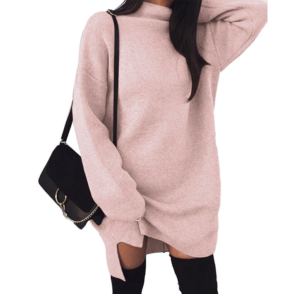 Hiver femmes couleur unie col roulé en vrac à manches longues tricoté robe pull col haut en vrac tricot fendu robe pull: Rose / S