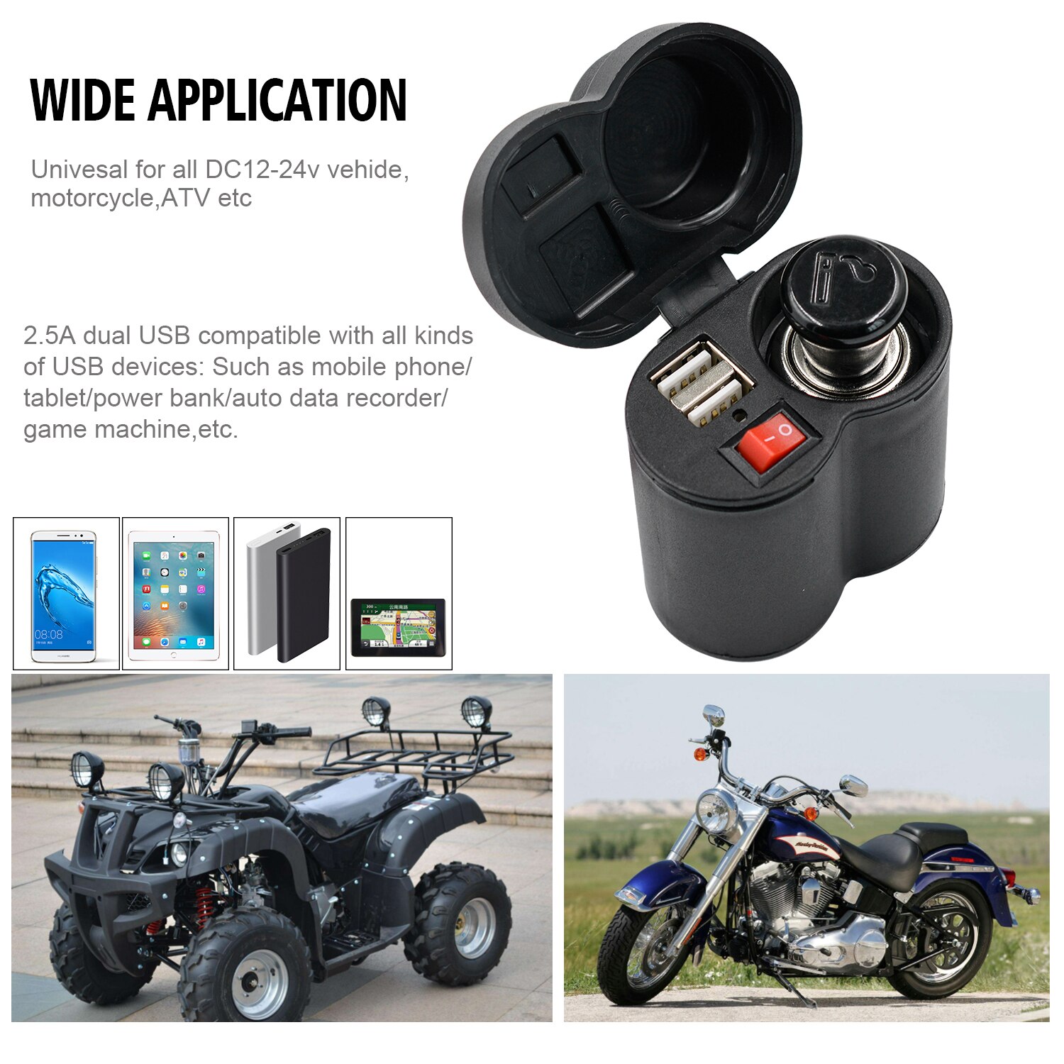 Motorcycle Cigarette Lighter Socket USB Quick Charger Voltmeter Digital Clock Switch Control Waterproof OCP