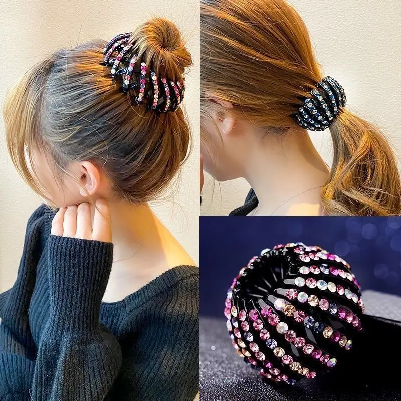 Épingle à cheveux en cristal strass pour chignon, pinces à cheveux, boucle en queue de cheval, nid d'oiseau, accessoires pour cheveux extensibles pour femmes