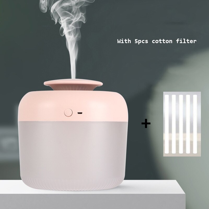2.4l luftfugter usb aroma diffuser stor kapacitet humidificador hjemmekontor tåge maker med led natlys: Pink og 5 filtre