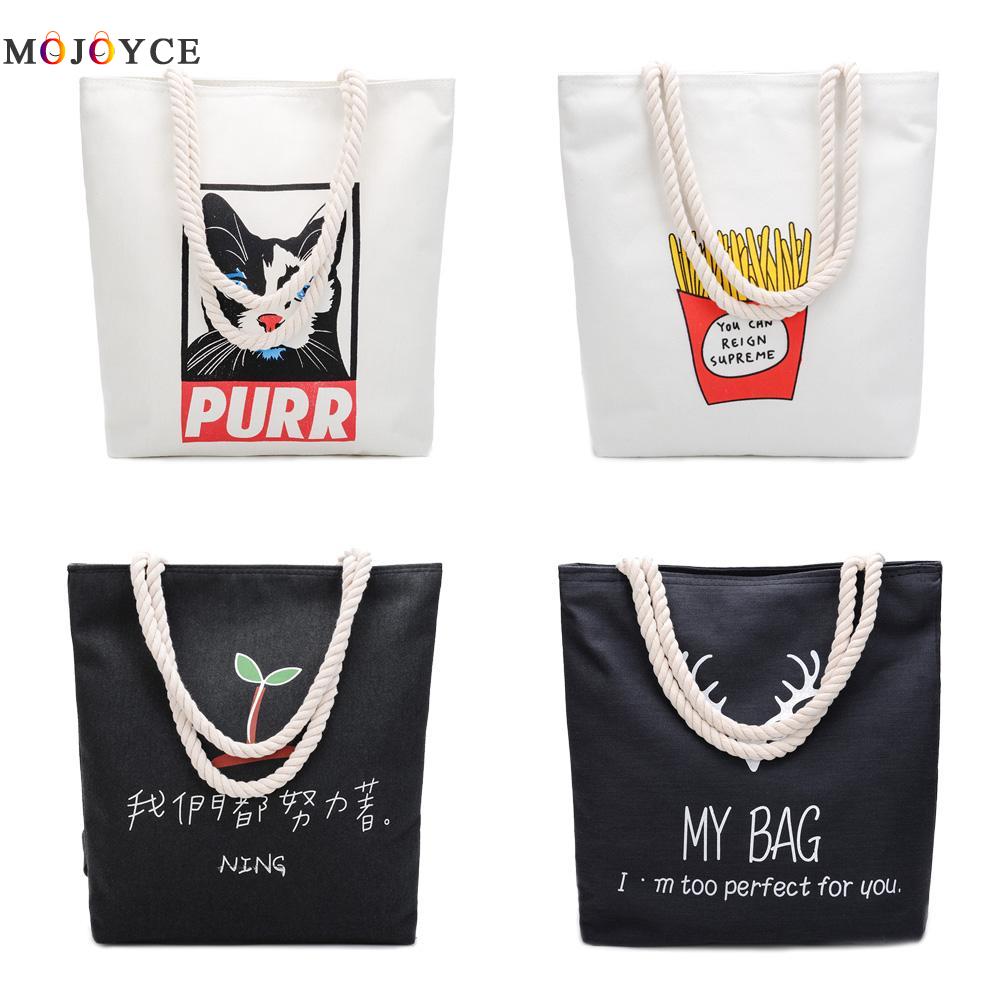 Women Canvas Casual Handbags Shoulder Bags Portable Cat Print Shopping Bag