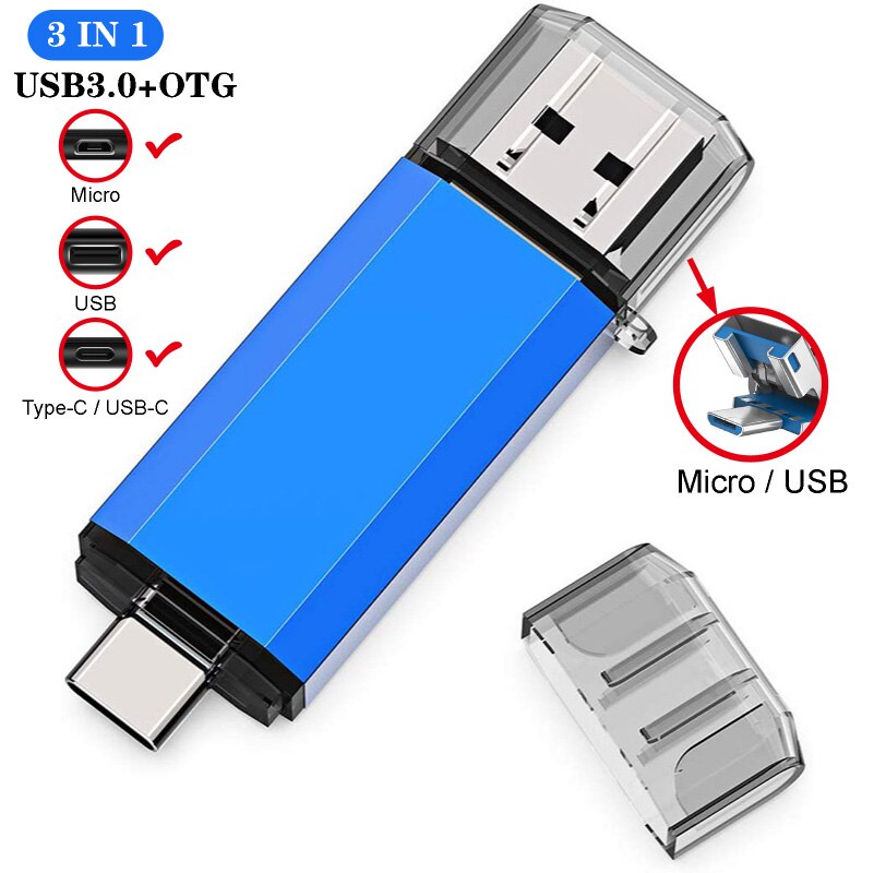 USB Flash Drive 3 IN 1 USB3.0 &amp; Type C OTG Pen Drive 32GB 64GB 128GB 256GB 512GB High Speed USB Stick Pendrives: 16GB / Blue
