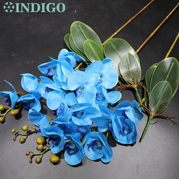 Arrangement fleur orchidée INDIGO-rouge grand 90cm (3 orchidée + 3 feuilles) vraie touche fleur décoration de fête de mariage: blue