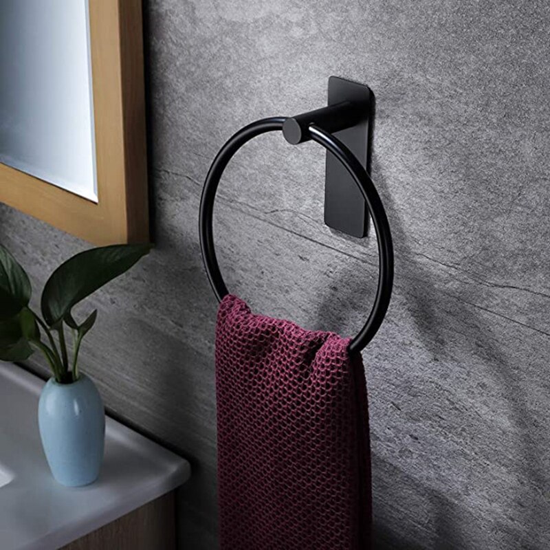 Håndklering / håndkleholder - selvklebende rundt håndklestativ svart håndklestang til baderom, rustfritt stål