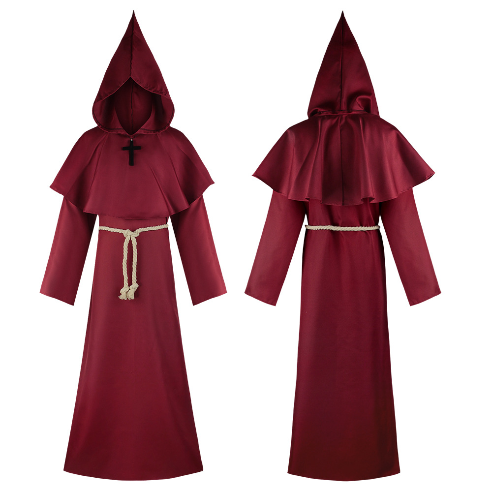 Fantasia de Halloween de Ceifador, Traje de Cinco Fantasmas, Túnica de Frade Medieval, Roupa de Monge, Fantasia de Bruxa e Sacerdote: L / Vermelho