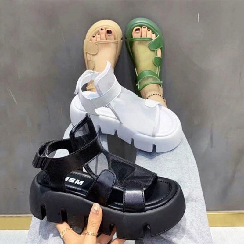 Sandals women 2022 summer thick-bottomed breathable Eugene yarn mesh magic paste Roman sandals Hook &amp; Loop