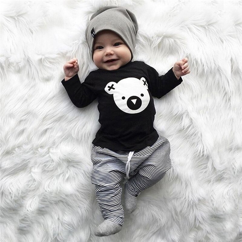 2 pçs da criança do bebê meninas meninos t-shirts + calças listradas conjunto infantil dos desenhos animados coala impressão topos manga longa o-pescoço t outfits a40