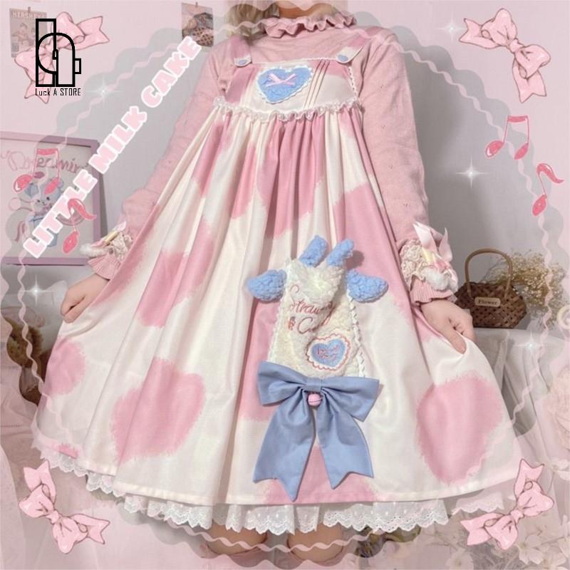 Hstar Pink Lolita Kawaii Milk Cake Cow Print Lolita Dress Jsk Japanese Tea Party Lolita Daily Princess Dress Multiple Colors