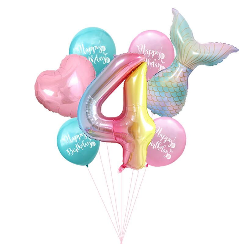 7pcs/lot Mermaid Party Balloons Number Foil Balloon Kids Birthday Party Decorations Baby Shower Decor Helium Globos supplies