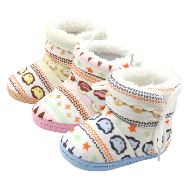 Cute Baby Boots Shoes Spring Warm Soft Baby Retro Printing Shoes Cotton Padded Infant Baby Boys Girls Soft Boots 6-12M