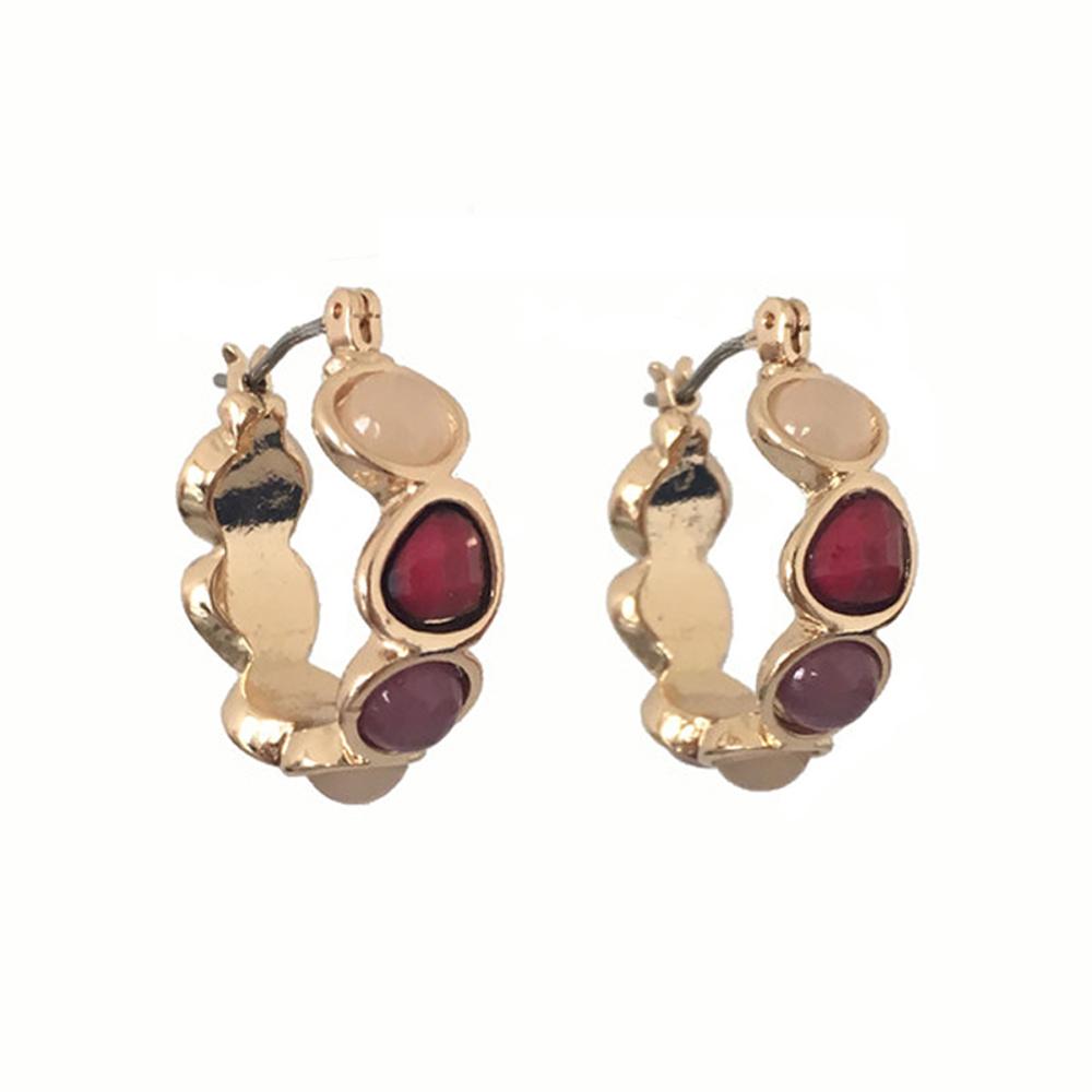 PRETTY WOMEN EARRINGS GOLD COLOR PLATING COLORFUL STONE HOOP EARRINGS: ZE28406BURGUNDY