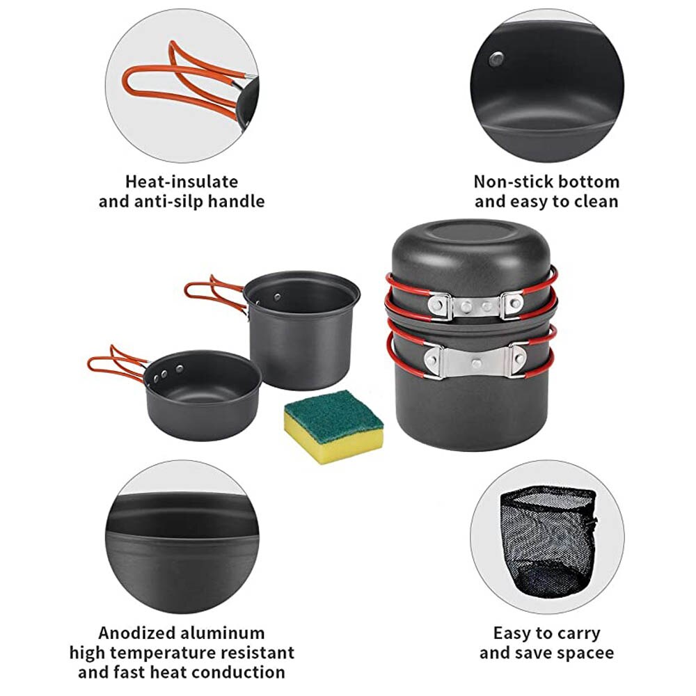 Camping Cookware Kit Nonstick Lightweight Backpacking Cooking Set Outdoor Cook Gear Pot Pan Bowl for Family Hiking Picnic Travel
