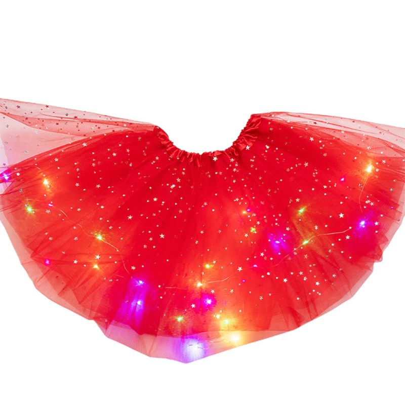 Falda con lentejuelas y estrellas brillantes para niñas, tutú de baile y Ballet con luces LED, Vestido corto de tul en capas de colores neón para escenario y: Red
