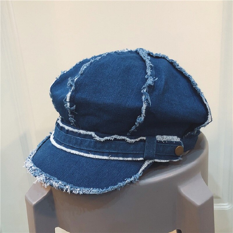 Spring and Autumn Fringed Retro Denim Octagonal Hat with Band Vintage Distressed Peaked Newsboy Cap for Women Tassel Baker Boy