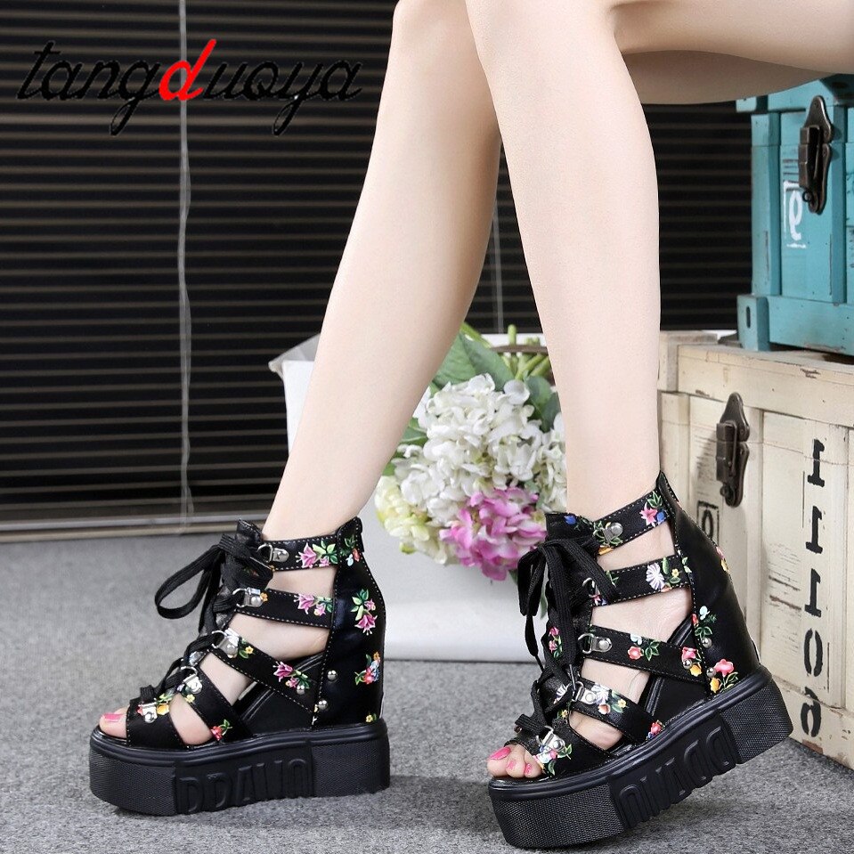 Chaussures femme sandales été sandales plateforme compensées fermeture éclair semelle épaisse chaussures décontractées femme talons hauts sandalias platafor