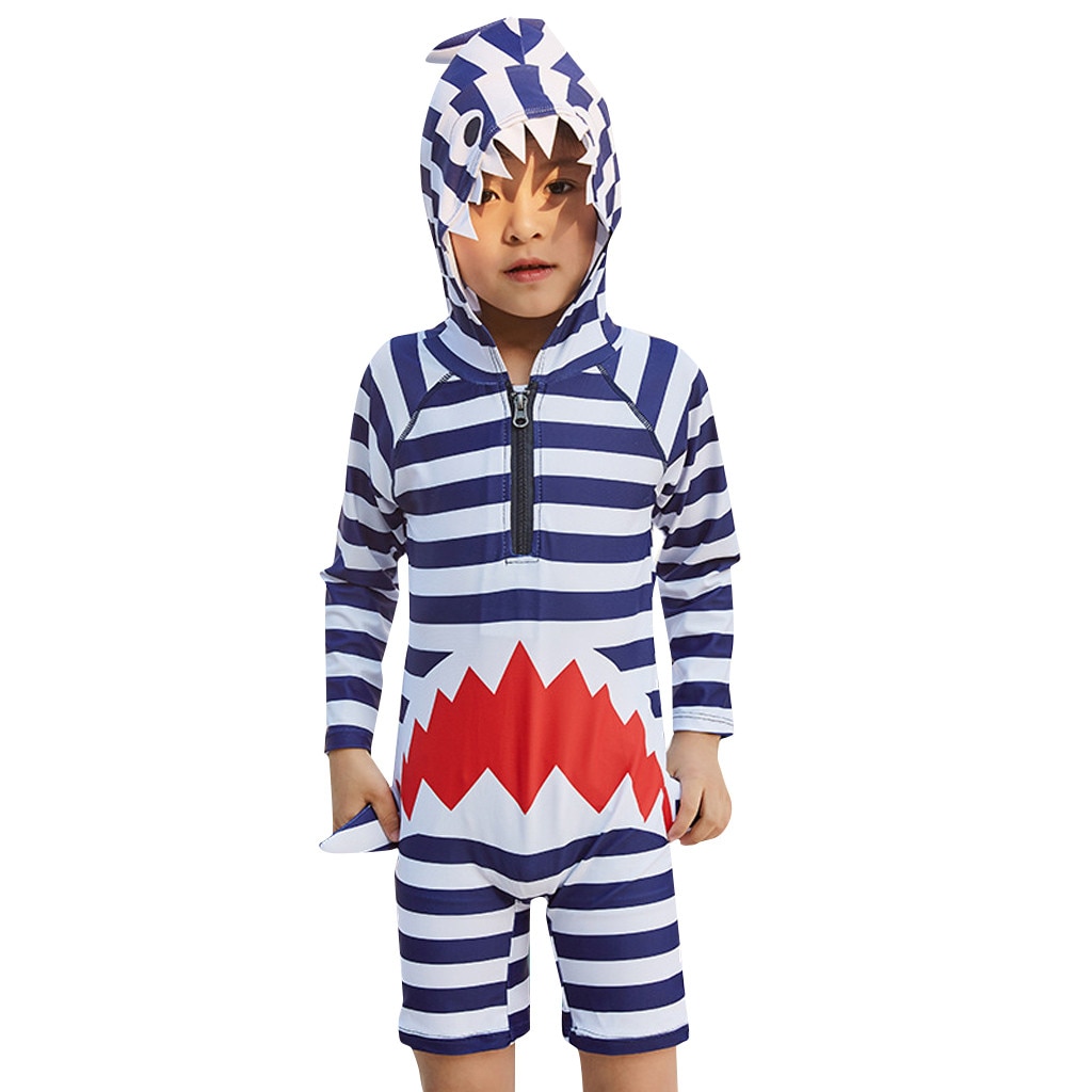 Children's swimsuit baby long sleeve cartoon stripe hooded bathing pool beach swimwear children's swimsuit boy