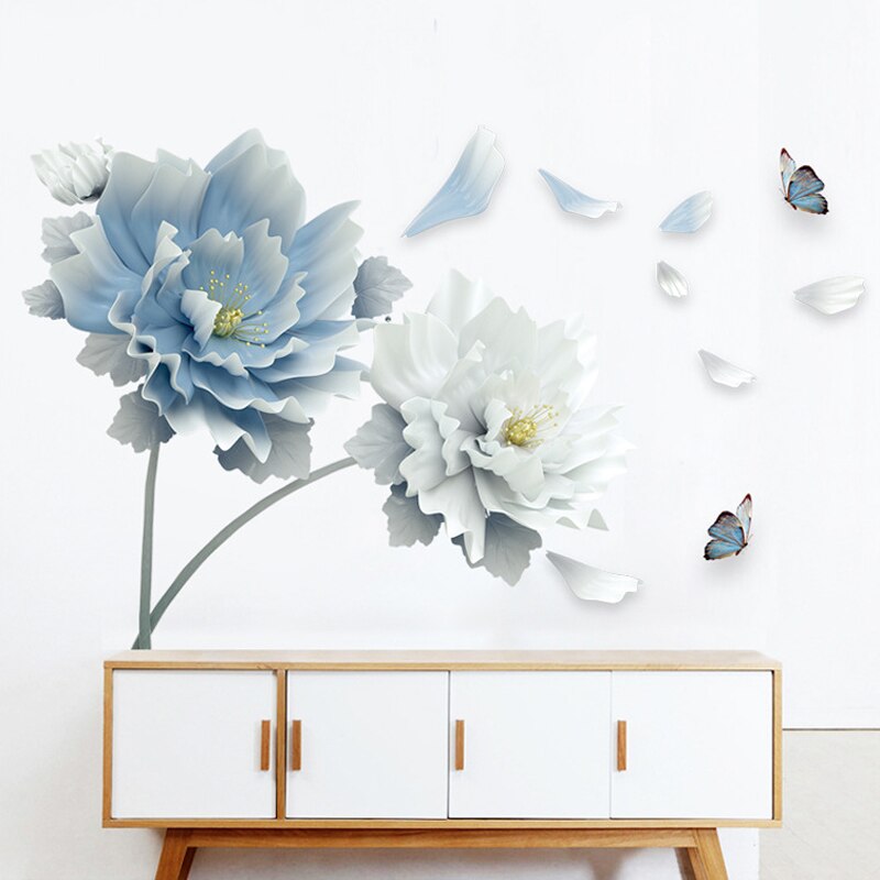Grote Witte Blauwe Bloem Lotus Vlinder Verwijderbare Muursticker 3D Wall Art Decals Muurschilderingen Voor Woonkamer Slaapkamer Thuis decor