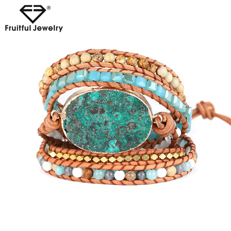 Bohemian Kralen Natuursteen Armband Ovale Cuboid Power Stone Hand Geweven Lederen Armband Vrouwen Armband Op Hand