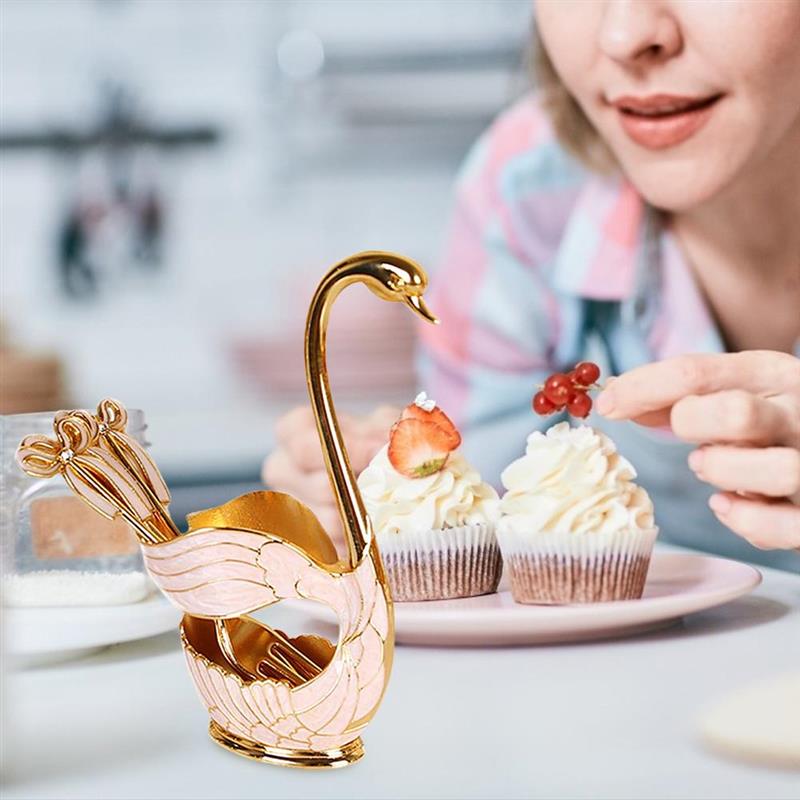 Elegante Zwaan Base Houder Lepels Set Koffie Fruit Dessert Bestek Servies Voor Thuis Decoratie 6 Lepels + 1 Zwaan