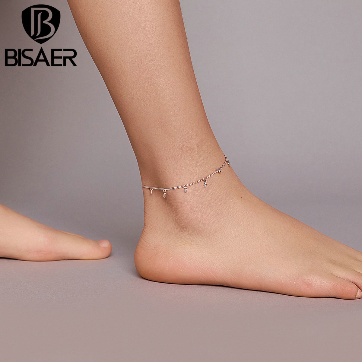 Tobilleras BISAER, tobilleras de Plata de Ley 925 con borla Simple, cadena de circón brillante, tobilleras para mujer, para pierna eslabones de cadena, joyería fina
