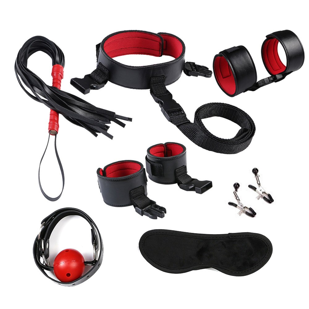 28 stks/set Vrouwen Mannen Speeltjes voor BDSM Spel Handboeien zweep touw Anale plug Mond plug Vibrator Erotische Accessoires Bondage set: red 7pcs