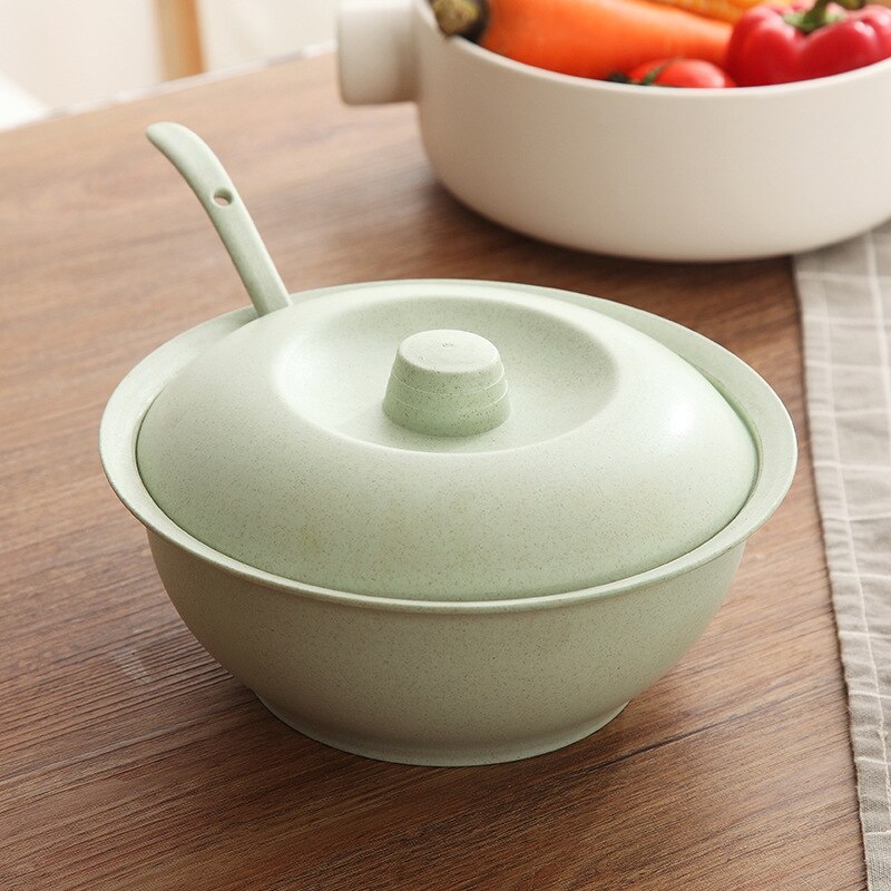 Wheat Straw Soup Bowl Set Household Anti-fall Big Soup Bowl with Lid + Spoon Soup Pot Set Household Kitchen Supplies: Green