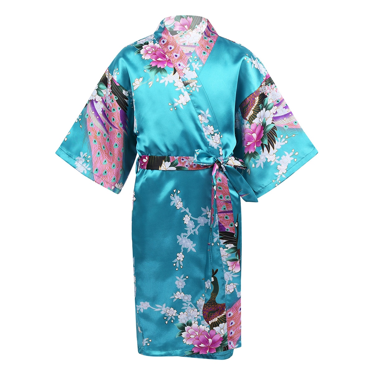 Barn flickor påfågel blomma tryckt satin kimono dräkt kors omlott v-ringad dräkter morgonrock nattlinne sovkläder för spa fest födelsedag: Sjöblått / 12
