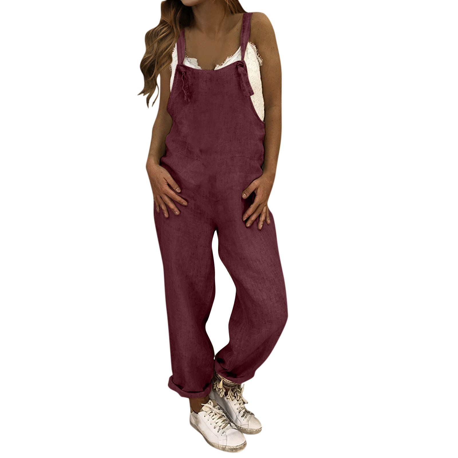 Jumpsuit plus size ensfarvede vide ben kvinder jumpsuit sommer afslappet løs ærmeløs lommer hagesmækken overalls sparkedragter: S / Rød