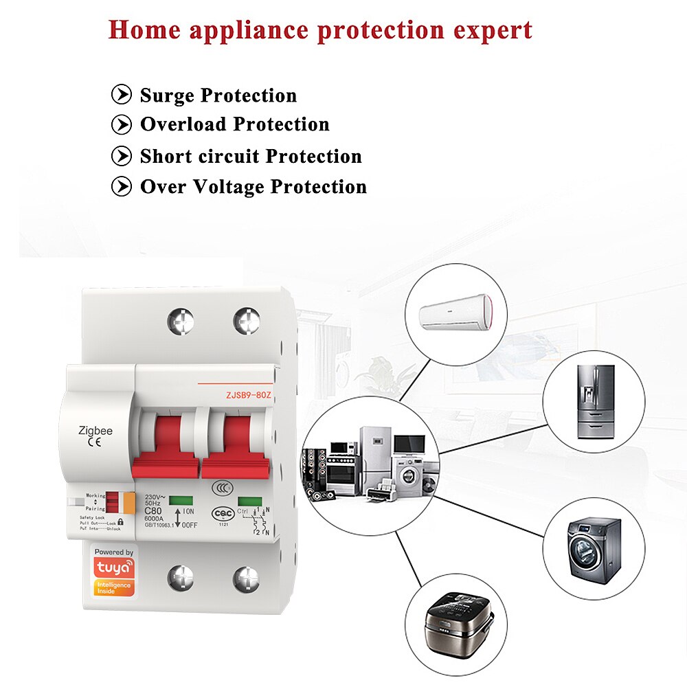 Disyuntor inteligente Zigbee 2P, interruptor automático de sobrecarga, protección de cortocircuito, SmartThings, Compatible con Alexa y Google, Zigbee MCB