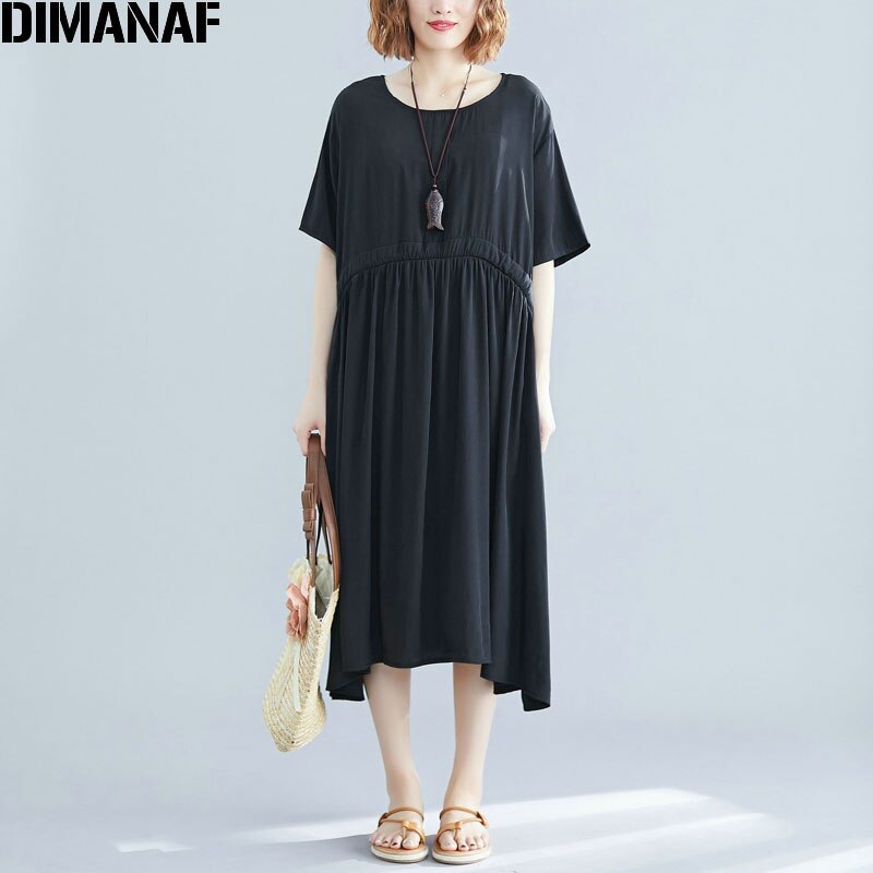 Dimanaf plus size damklänning sommar med bälte veckad bomull casual stil kvinnlig vestidos lös solid basklänning 4 färger