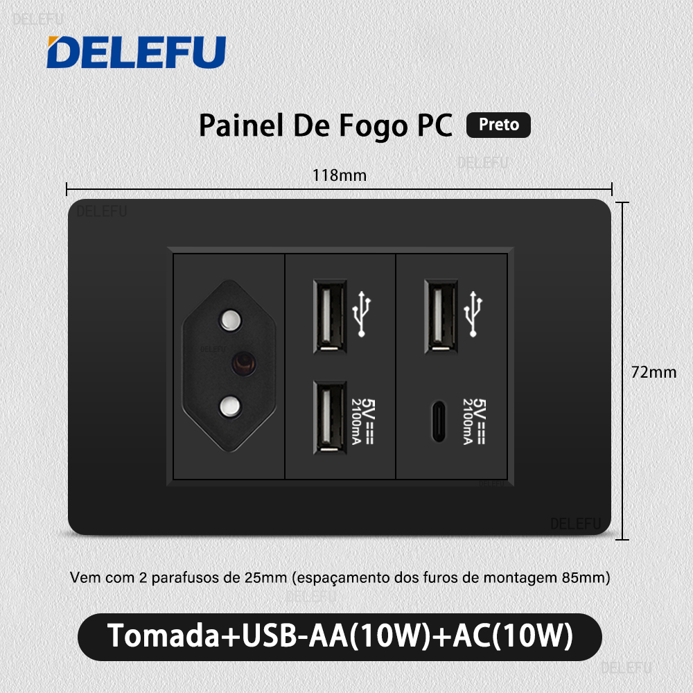 DELEFU Panel de PC ignífugo doble USB tipo C carga Brasil salida estándar interruptor de luz de pared negro enchufe eléctrico 10A 20A