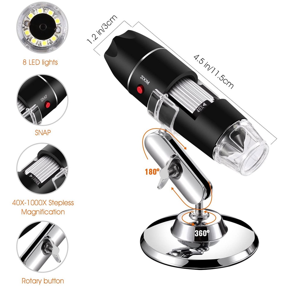 Microscopio Digital USB de 40X a 1000X, Bysameyee, cámara endoscópica con aumento de 8 LED, con Estuche de transporte y soporte de Metal