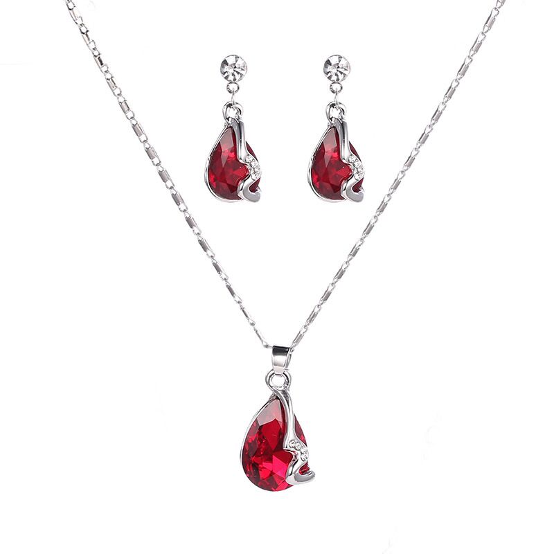 QiLeSen Fine jewelry 925 sterling silver suitable for ladies set, Water gem big red Necklace Earring Set YW176