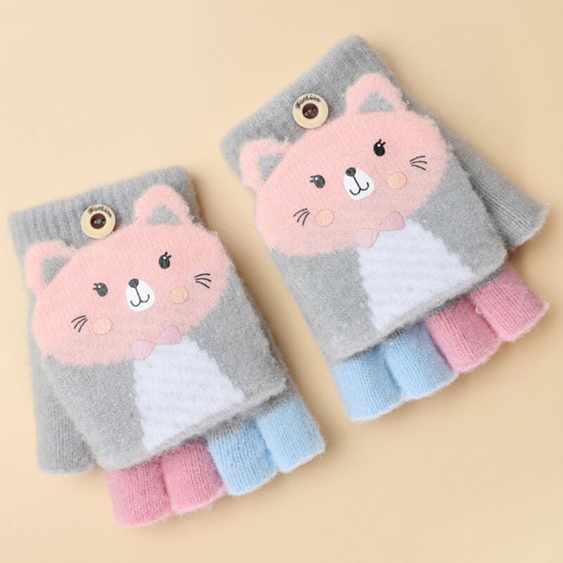 Kids Winter Warm Thicken Handschoenen Meisjes Zachte Half Vinger Cover Dier Vingerloze Handschoenen Outdoor Warme Wanten Handschoenen Voor Kids 5-12Y: cat gray