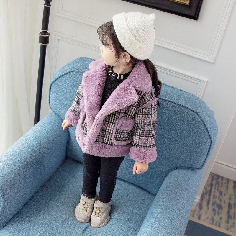 Flickor vinter rutig kappa baby sammet prinsessa förtjockad koreansk stil lapel jacka: Lavendel- / 80