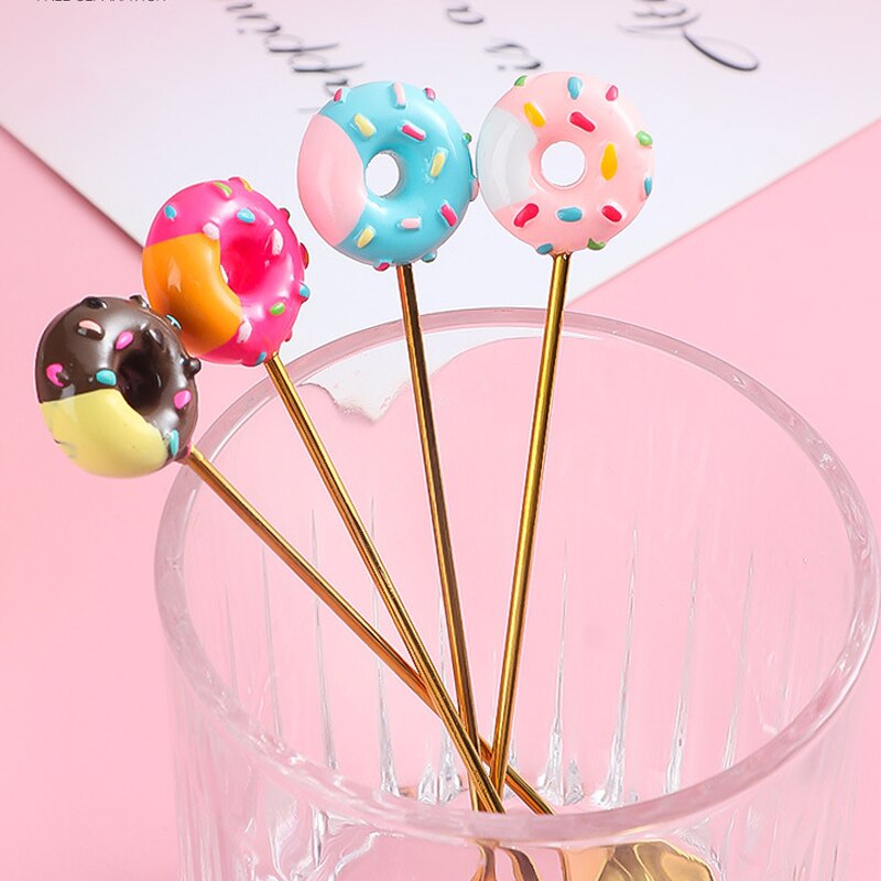 Donut Fork Spoon Stainless Steel Doughnut Dessert Fruit Forks Honey Coffee Stirring Spoon Baby Kid Cutlery Dinnerware Accessorie