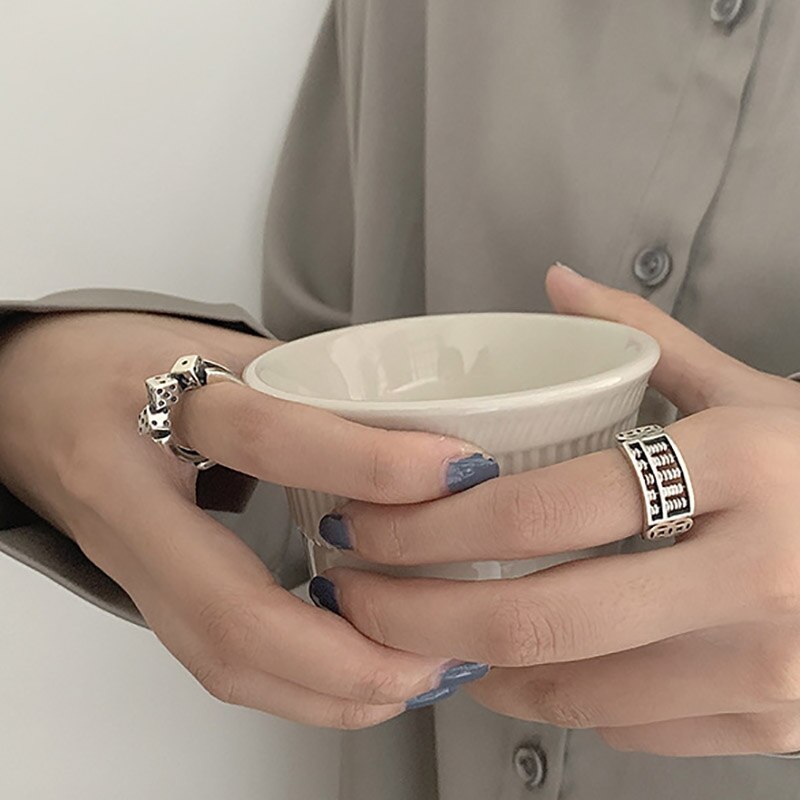 Vintage Punk 925 Sterling Silver Rings Personality Jewelry INS Simple Hollow Geometric Party Accessories