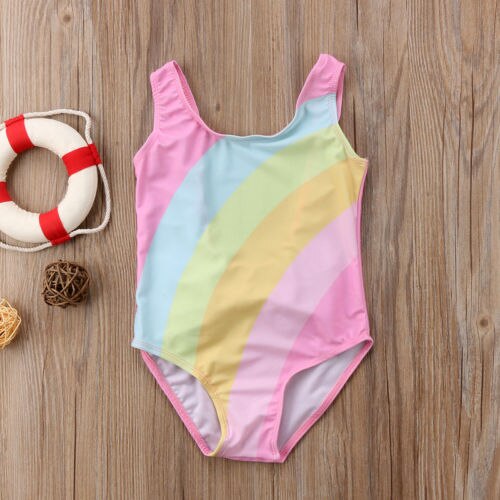 Een Stuk Kleurrijke Strik Badmode Badpak Beachwear Kids Baby Girl Bikini Regenboog Backless Contrast Kleur