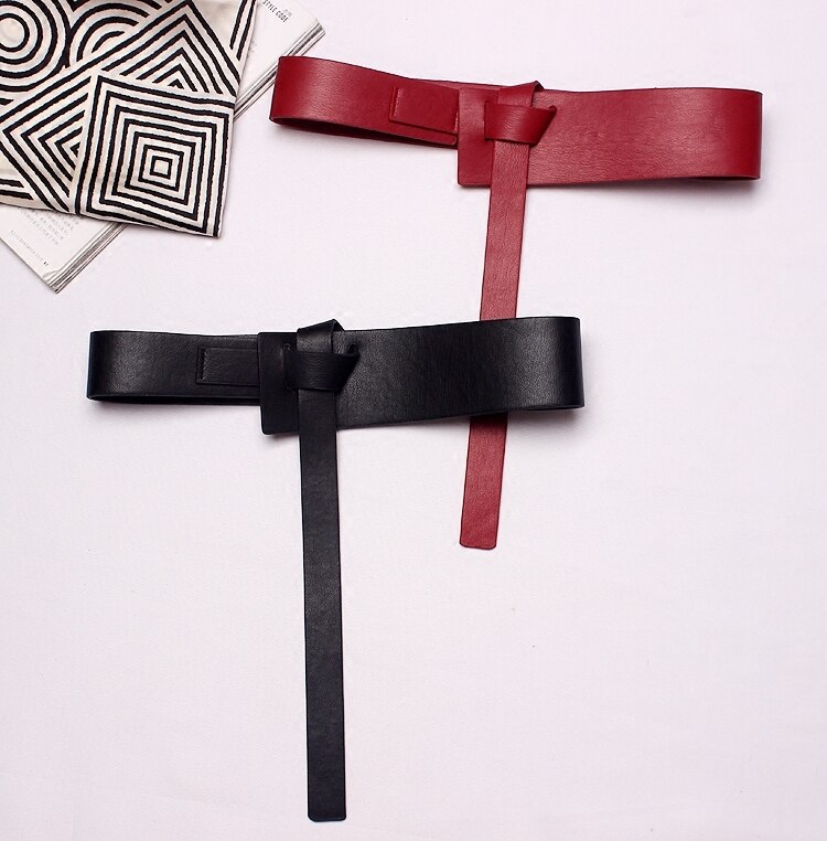 [Eam] Zomer Effen Kleur Zwart Pu Lederen Knoop Bandage Losse Lange Onregelmatige Riem Vrouwen Mode Tij alle-Match JG114