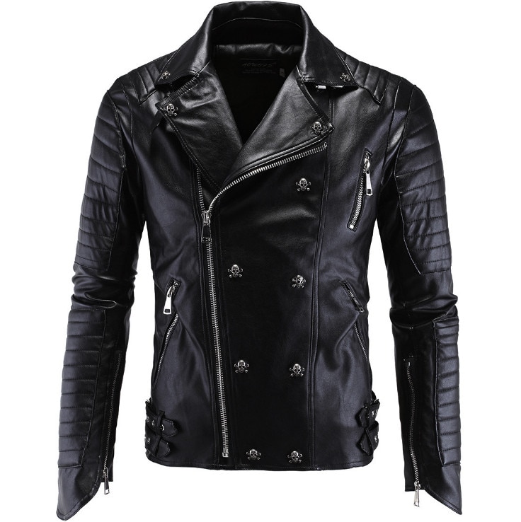 Mannen Leren Jas PU Kleding Boutique Punk Leren Jas Mannen Schedel Motorfiets Lederen Jas Multi Ritsen Slim Fit M-5XL