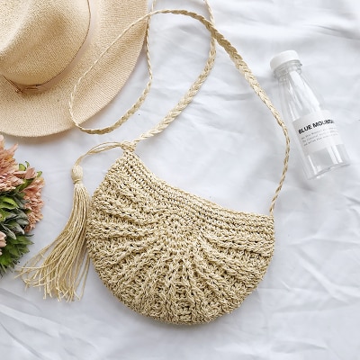 Women small Semicircle Tassel Knitting Straw bag Summer Travel Rattan Tote Knitted Hand Bag Girls Shoulder Tote Keys Coin bag: beige