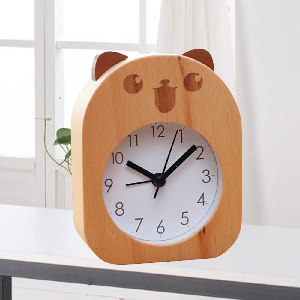Beech Table Clock Bear Pattern Mute Alarm Clock Mechanical Clock for Student Worker without Battery