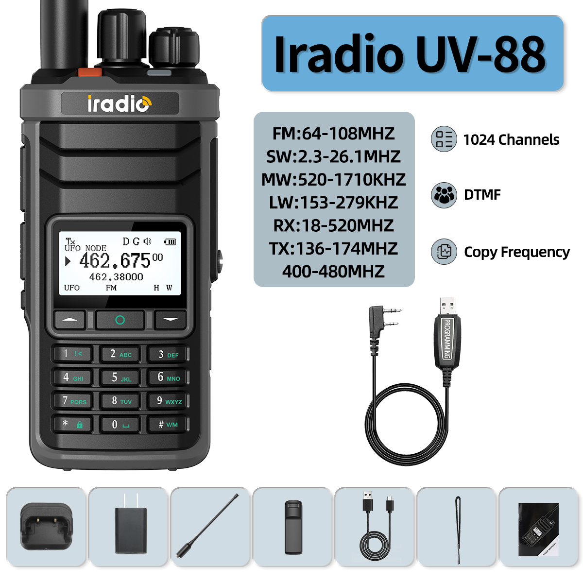Iradio UV-88 Walkie Talkie Shortwave Radio Multi Band HF CB SSB AM Type-C DTMF LSB CW LW MW SW 1024 Channels: black / US