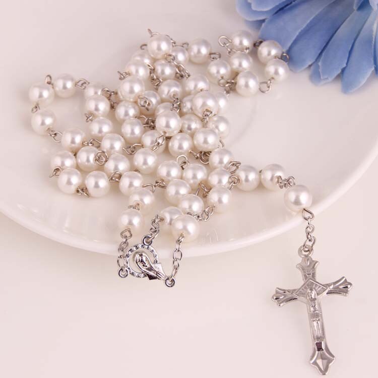 Religieuze Sieraden Zwart Glas Parel Rozenkrans Cross Christian Katholieke: Pearl White