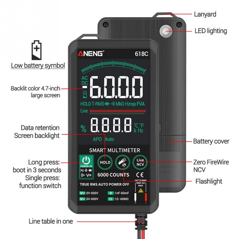 Aneng 618 Digitale Multimeter Dc Ac Voltmeter Ampèremeter Analoge Lcr Meter Condensator Ohm Hz Tester Auto Range Touch Screen Machine