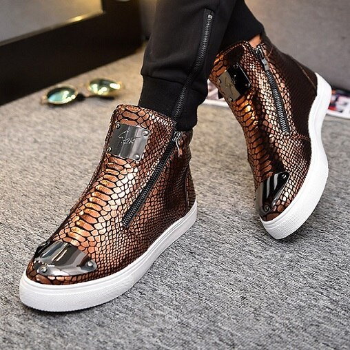 Mens Snake skin Grain Boots Zipper Casual Outdoor High-Top Shoes Man Metal Toe Boots Men's Slip-On Party Driving Boot: Brown / 10
