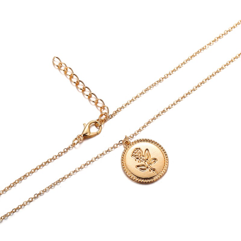 Wild&amp;Free Alloy Round Pendant Necklace For Women Simple Female Long Chain Coin Necklace Rose Flower Collier