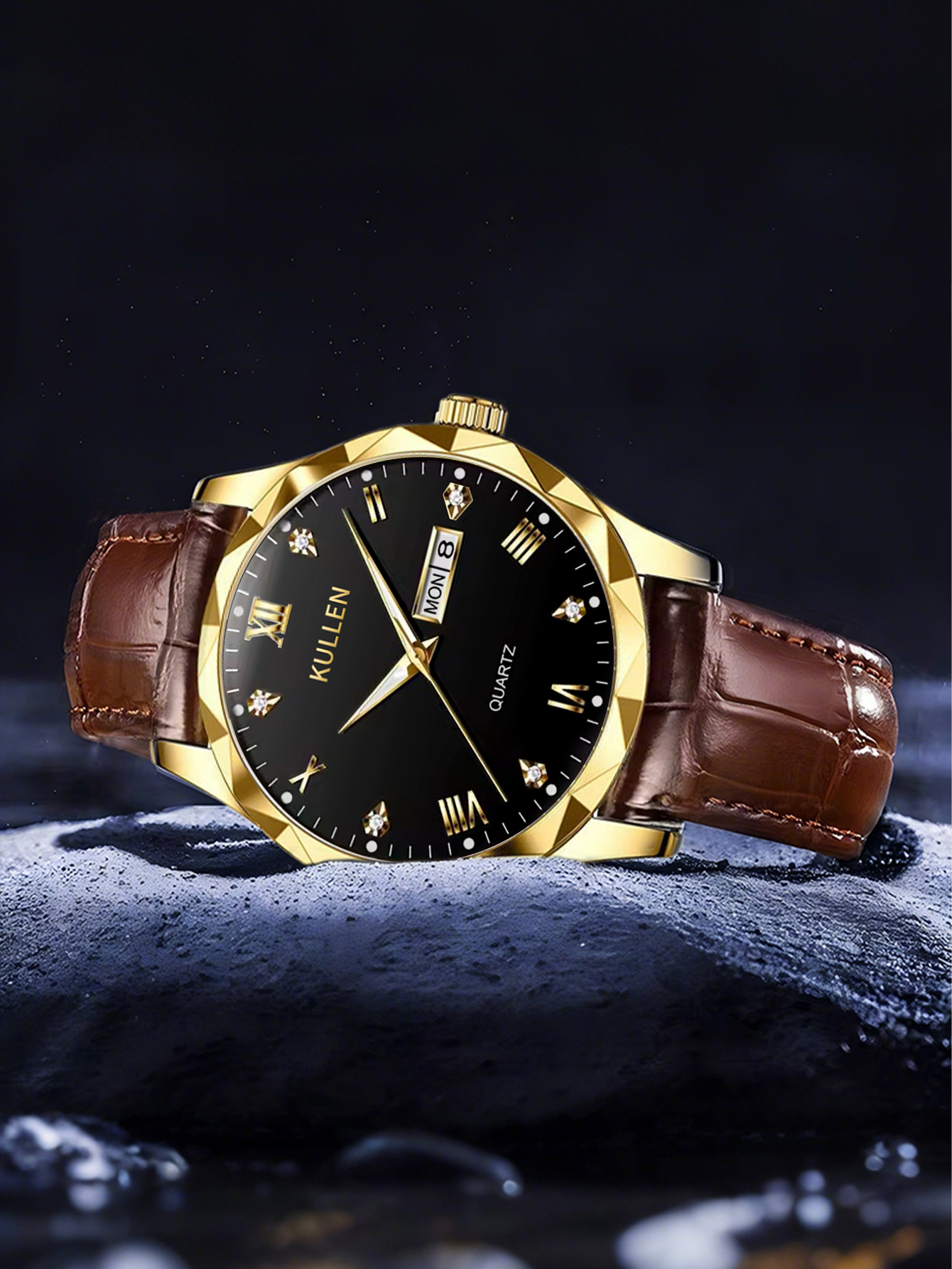 Men's Quartz Watch, Leather Strap, Round Metal Dial, Business Watch